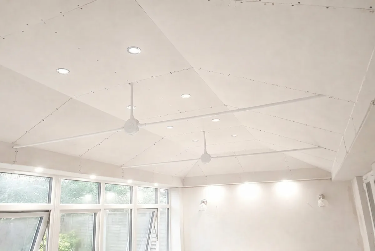 Plasterboard ceiling finish ready for decorating