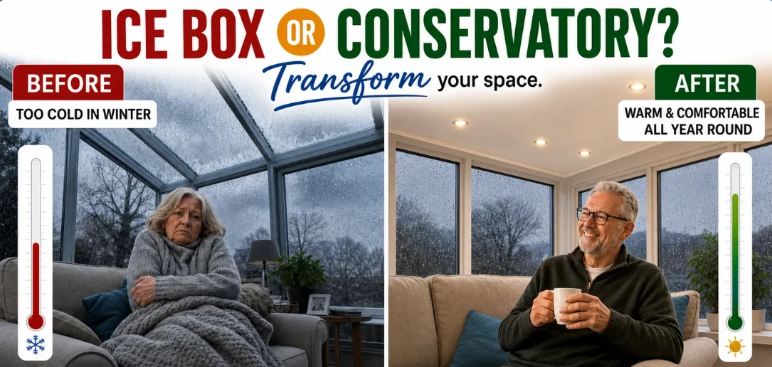 A cold glazed conservatory roof during winter