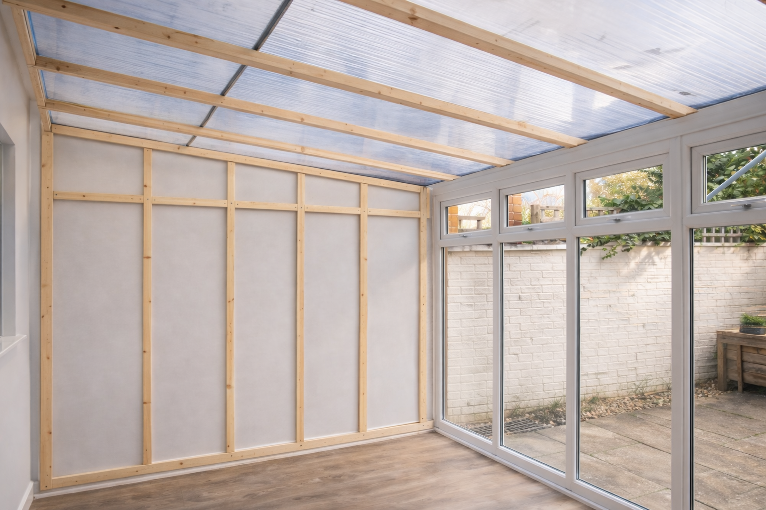 Timber battens fixed to ceiling with glass treated with special paint