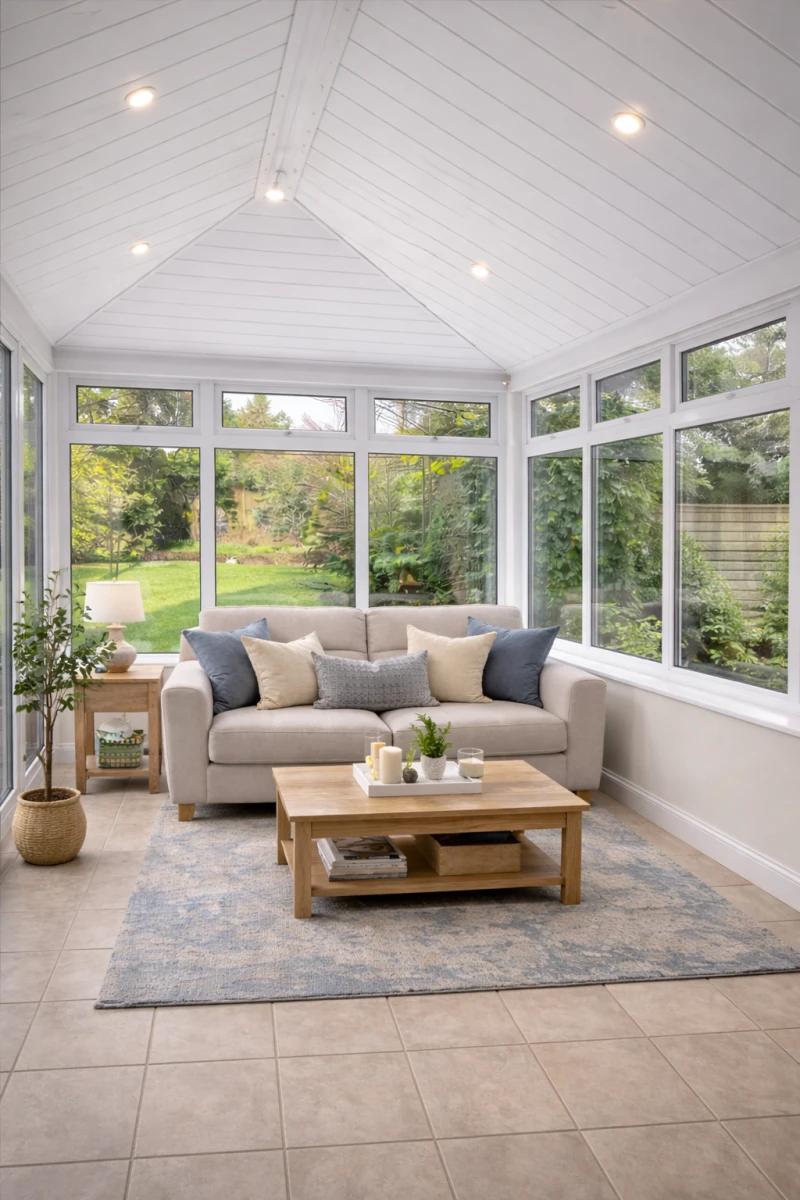 Bright white UPVC ceiling with integrated lights