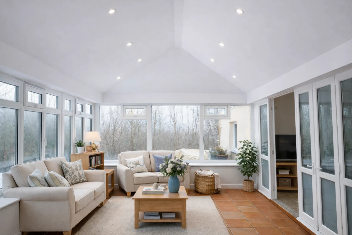 Smooth skimmed plaster ceiling in a conservatory