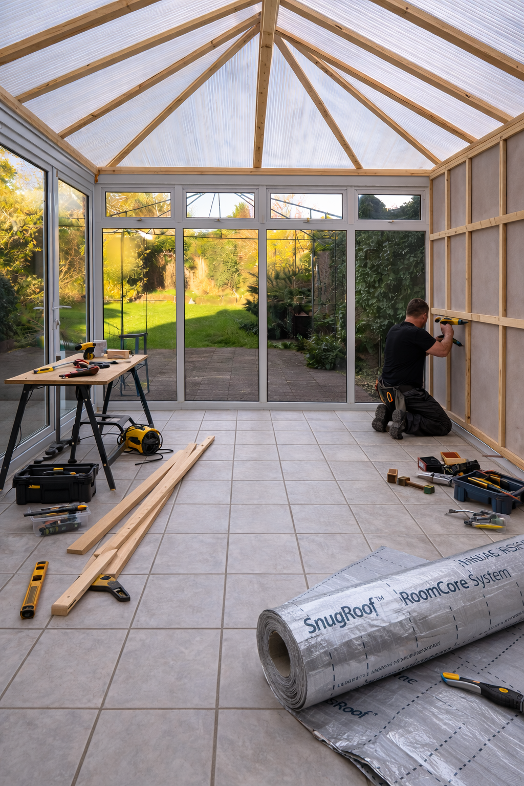 Timber battens being fixed across ceiling and walls