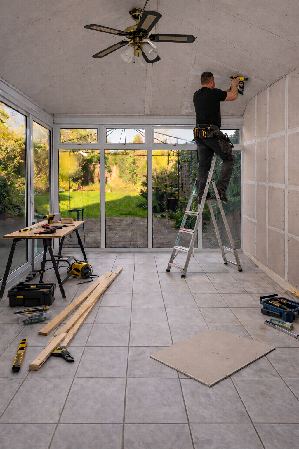 Plasterboard installed across ceiling and walls